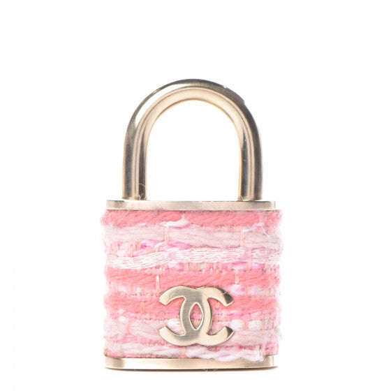 Chanel 2014 Pink Tweed Gold Padlock Brooch Pin